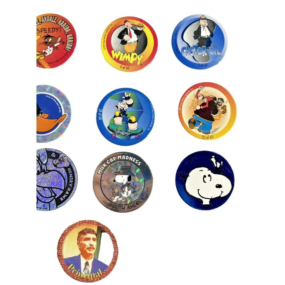 Lot Of 18 Pogs Milk Caps Vintage 1995 Looney Tunes, Power Rangers, Snoopy & More